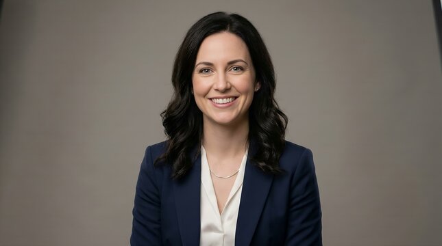 Middle aged businesswoman with dark wavy hair wearing navy blue jacket and white top smiling warmly for professional studio headshot on gray background representing corporate identity and excellence.