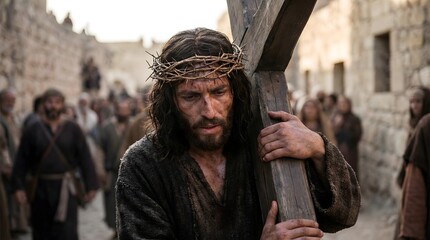 Fototapeta premium Jesus Christ Carrying the Heavy Wooden Cross with Crown of Thorns, Suffering on the Way to Calvary