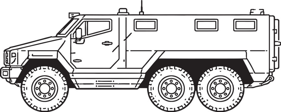 Wheeled Armored Vehicle Multi Axle Military Transport Line Art Vector Illustration