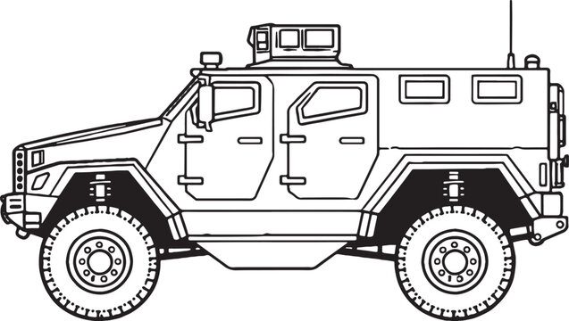 Mine Resistant Vehicle MRAP Armored Military Truck Line Art Vector Illustration