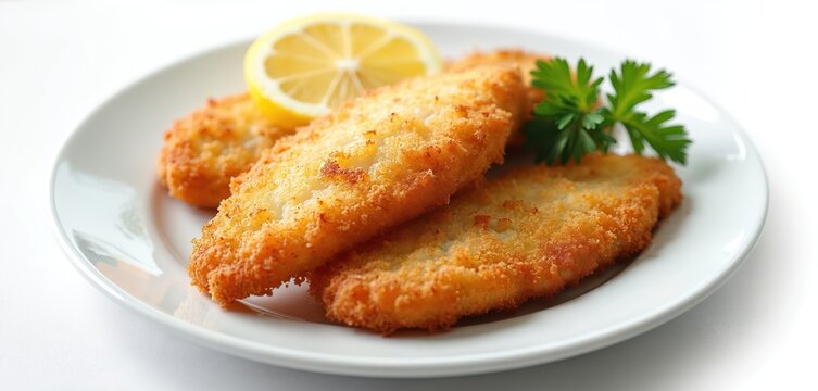 Crispy breaded fish fillets served on a white plate with a lemon slice and parsley garnish. Delicious golden-brown seafood dish, perfect for mealtime.