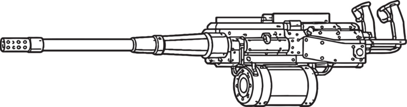 Automatic cannon heavy military weapon black and white vector line art illustration isolated