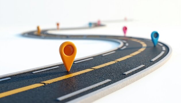 Winding road with colorful location pins marks stops along a journey. Conceptual graphic illustrates navigation and travel planning on a map route.