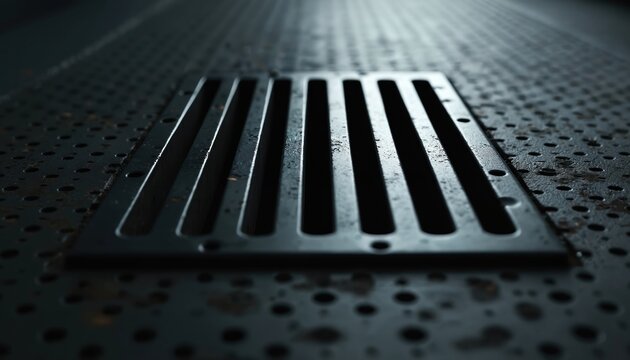 Dark metal grate covers storm drain opening. Perforated surface suggests industrial setting. Grate has parallel bars for water flow. Texture shows wear, rust spots, water droplets.