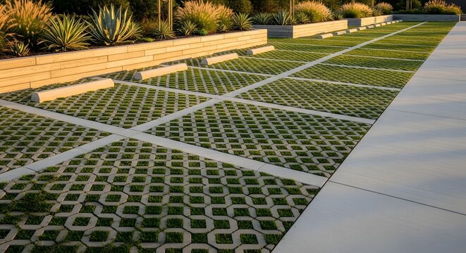 Permeable paver parking lot with grass growing through concrete grids, bordered by raised planters with succulents and ornamental grasses under soft sunlight.