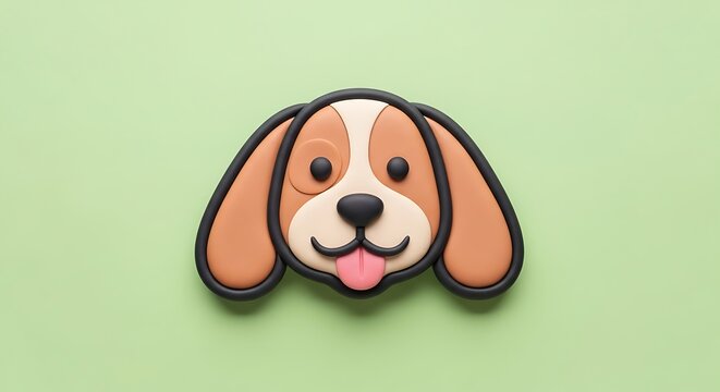 Funny dog face icon made of clay on green background rendering