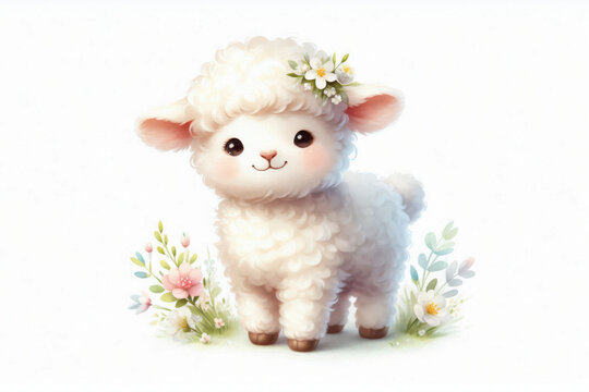 Adorable white lamb with flowers on head and around it standing