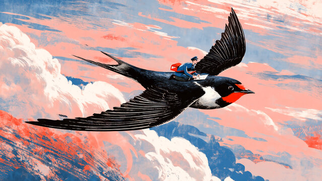巨大なツバメの背中に乗って空を飛ぶ郵便配達員の幻想的な風景