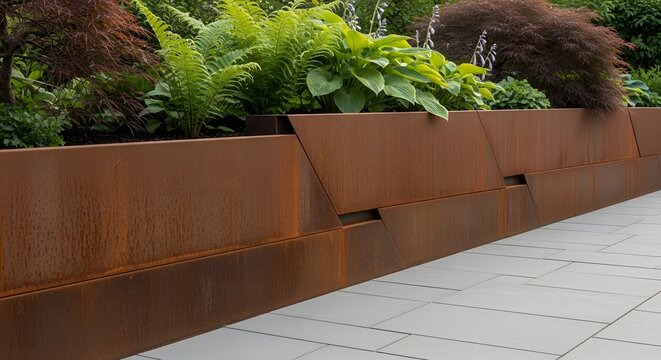 Modern corten steel planter with geometric design holding lush green plants next to a paved patio area.