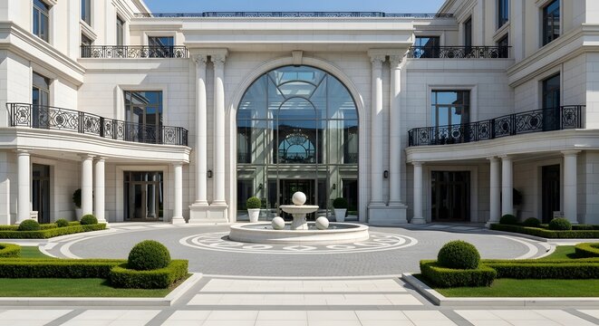 A grand, luxurious mansion with classical architecture, a circular driveway, and a central fountain, surrounded by manicured landscaping.