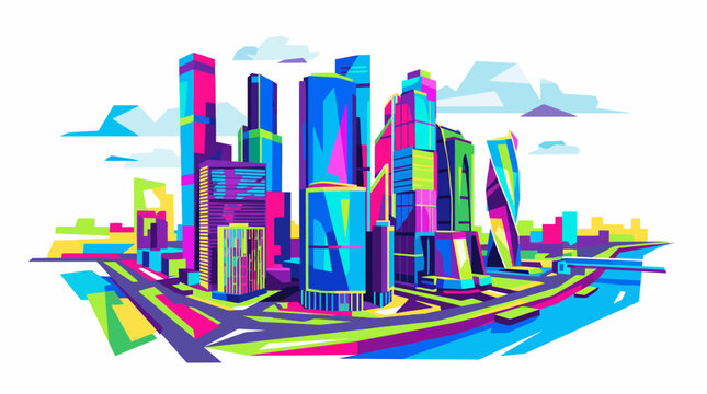 Modern city skyline with colorful skyscrapers in geometric WPAP pop art style