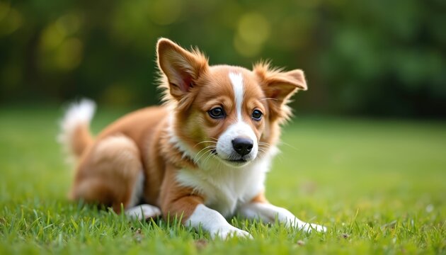 Small brown and white dog rests on green grass lawn outdoors. Canine has itchy ear itches with hind leg. Pet health concept for fleas skin irritation. Puppy looks sad.