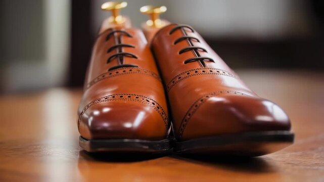Close-up of two polished, brown leather dress shoes with decorative perforations and laces
