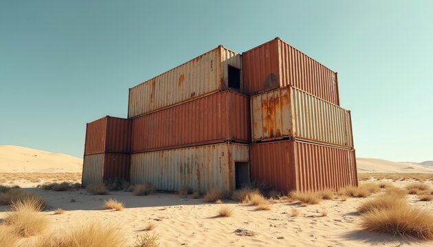 Stack of rusty shipping containers stands in empty desert landscape. Old metal boxes are covered in corrosion, dry grass grows around them. Clear blue sky above desolate, arid environment.