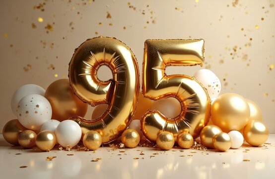 Golden balloons form the number 95 for a birthday. Round balls and confetti add festive sparkle to this elegant anniversary celebration. A jubilant occasion for honored guests.