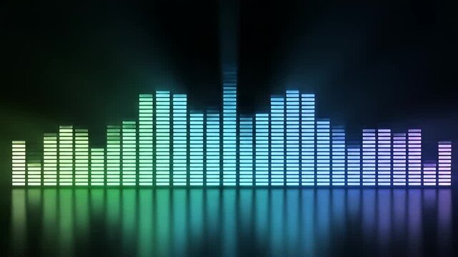 Colorful glowing audio equalizer bars with light rays on dark background