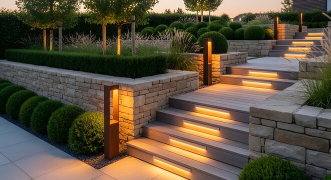 A beautifully lit outdoor staircase with stone walls, manicured hedges, and trees in a modern garden landscape at dusk.