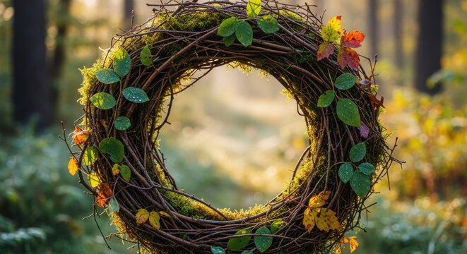 A colorful autumn wreath with green, yellow, and red leaves, placed on a wooden table in a cozy, rustic setting with a soft, warm glow from a nearby lamp.