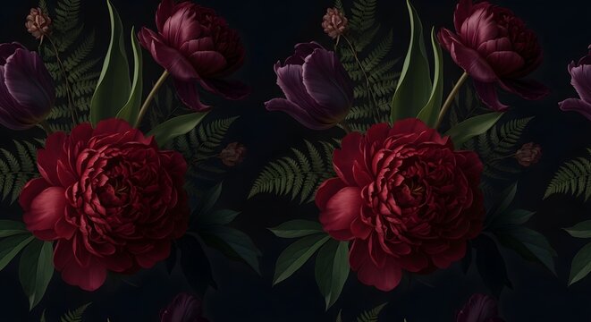 Seamless pattern of dark red peonies and purple tulips with green fern leaves on a deep navy background, creating a moody floral design.