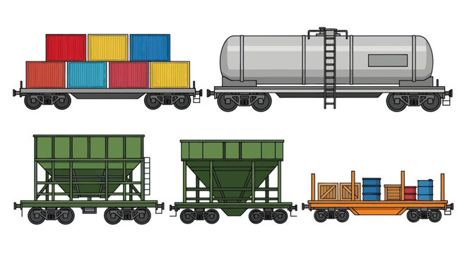 Collection of Freight Train Wagons: Containers, Tanker, Hopper, Flatbed