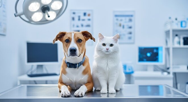 A dog and a white cat sitting calmly on a stainless steel examination table in a modern veterinary clinic, looking at the camera.