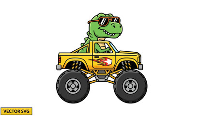 Funny T-Rex Dinosaur Driving Monster Truck with Sunglasses, Cartoon Style © rahma