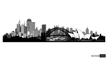 Obraz premium Sydney Skyline Silhouette with Opera House and Harbour Bridge - Black and White Vector