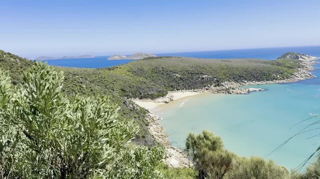 A breathtaking panoramic view of crystal-clear turquoise water in a secluded bay at Wilsons Promontory National Park, Victoria southernmost point of mainland Australia, Melbourne parks
