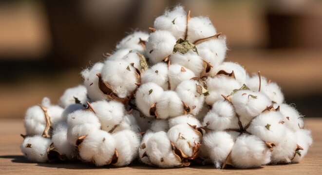 A pile of cotton bolls on a wooden surface with a blurred background.