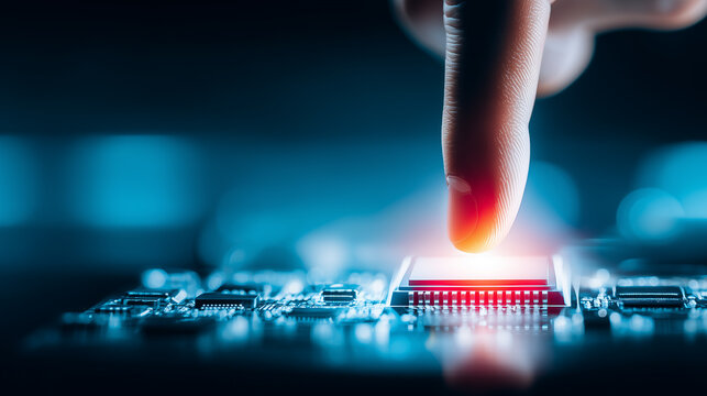 Human finger pressing a glowing microchip representing digital control, semiconductor technology, and advanced computing power.
