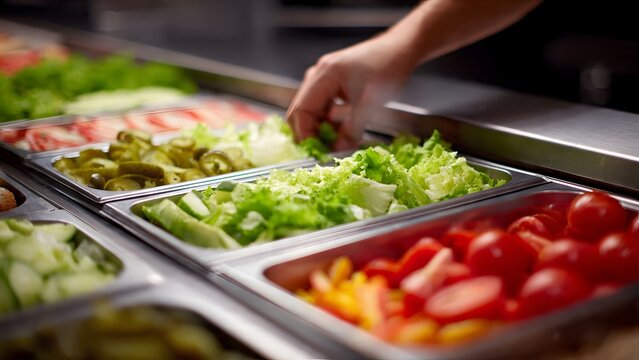 Intimate macro-style commercial view of layered meats, cheeses, and vegetables in a freshly built Italian sub sandwich