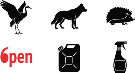Obraz premium Animal silhouettes vector set with crane bird, wolf, hedgehog, fuel jerry can, spray bottle, and open text sign