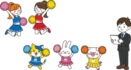 Obraz premium Cheerleader characters vector illustration set with jumping girls, cute animal mascots with pom poms, and male presenter holding tablet