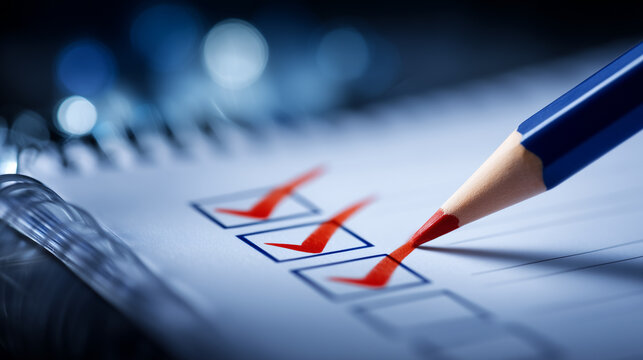 Pencil marking a checklist on paper representing task completion, quality control, compliance review, and organized business evaluation.
