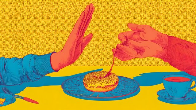 Crossing center line with stop palm metaphorically cuts off impulsive eating