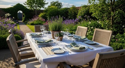 Obraz premium A neatly arranged outdoor dining table with chairs, set with plates, glasses, and a white tablecloth, surrounded by lush greenery and flowers in a garden setting.