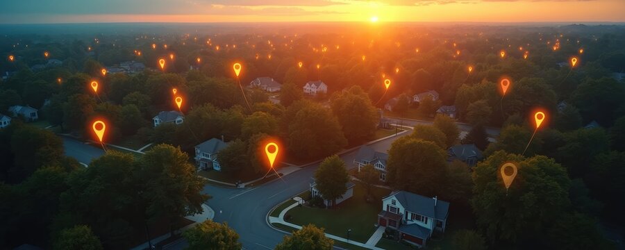 Suburban neighborhood seen from above at sunset with many glowing map pins floating over houses, streets. Image suggests connected digital world, mapping, location services across residential area.