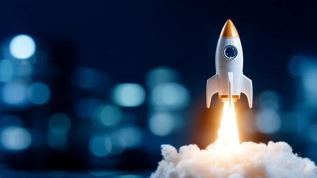 Toy rocket launching from clouds to represent startup growth, business takeoff and bold innovation.
