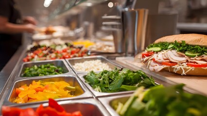 Obraz premium Lifestyle commercial shot of a hardworking sandwich artist crafting a colorful Italian sub at a bright metal prep station