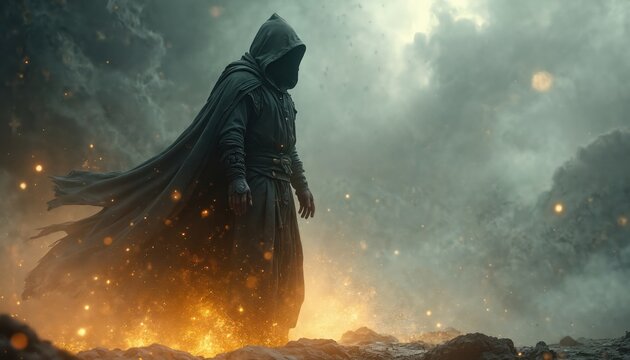 Dark robed figure stands on rocky ground with glowing embers. Hooded mystic appears, shrouded in smoke and light. Mysterious man with mystical aura, cosmic magic, otherworldly power.