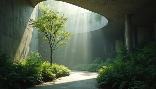 Sunlight streams through concrete opening onto lush ferns and small tree. Path leads through verdant green plants inside minimal architectural space. Nature and modern design coexist peacefully.