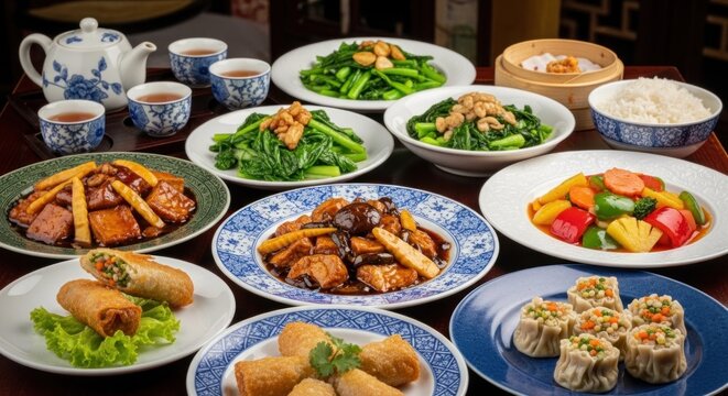A table with a variety of Chinese dishes, including vegetables, meats, and dumplings, arranged in a visually appealing manner.
