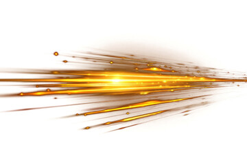 Perspective golden light trails zooming into distance on black background with bright flare