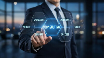 Obraz premium Businessman pointing at digital consulting concept interface on virtual screen in modern office
