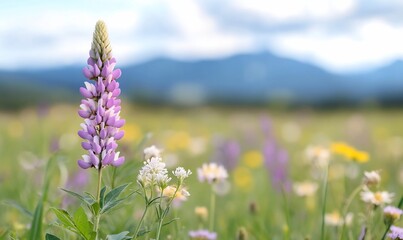 Obraz premium A vibrant field of wildflowers with a focus on a lupine bloom.