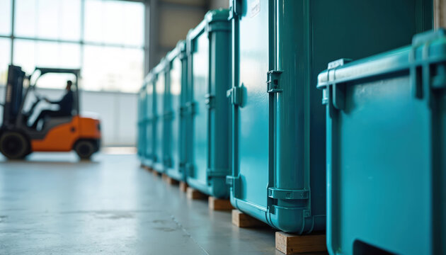 Turquoise shipping containers stand in warehouse row. Forklift operator moves in background, ready for cargo transport. Secure medical supplies, pharmaceuticals, or sensitive tech gear.
