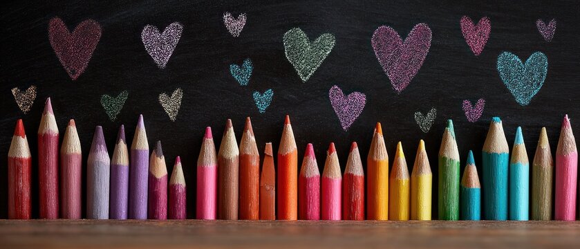 Colorful pencils and heart doodles on a blackboard