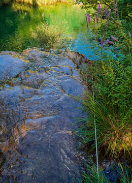 Water Flow into Mavrolimni Lake at Polylimnio Waterfalls Greece