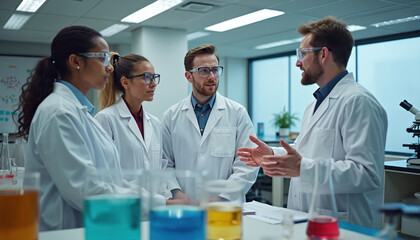 Fototapeta premium Professor explains science experiment to students in lab. Young people in white coats wear goggles, listen attentively. Colorful liquids in beakers show research activity. Microscope, whiteboard