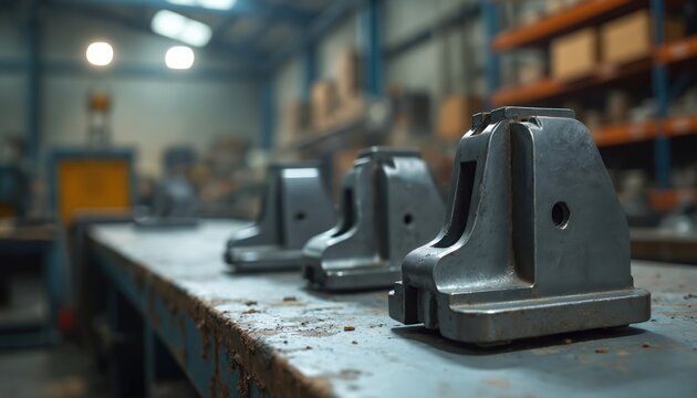 Three metal jig fixtures stand on a workbench in a machining workshop. The industrial setting has shelves and equipment in the blurred background. These parts are ready for use.
